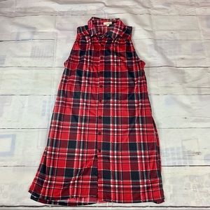 Paper+Tee plaid tunic collar shirt button red western large side slits comfort L